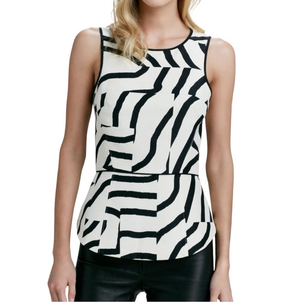 TIBI Zebra Print Wool Silk Blend Sleeveless Cream Black Abstract Peplum Top 2